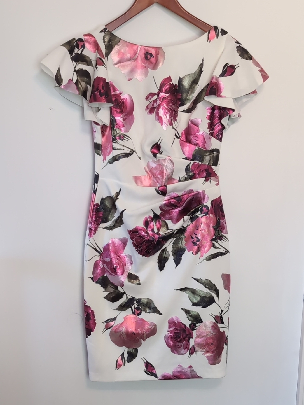 JH Evenings Floral White Metallic Flutter Dress V Back Size 6 New With Tags